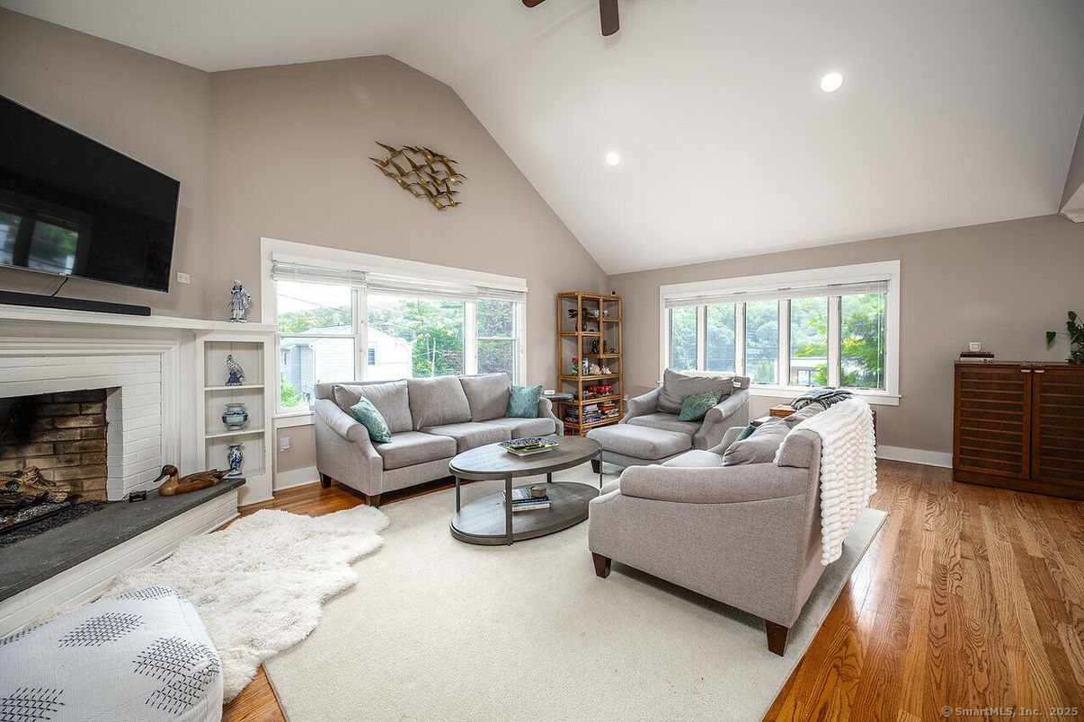 Fireplace, Interior, Living room, Recessed Lighting, Wood Texture Flooring