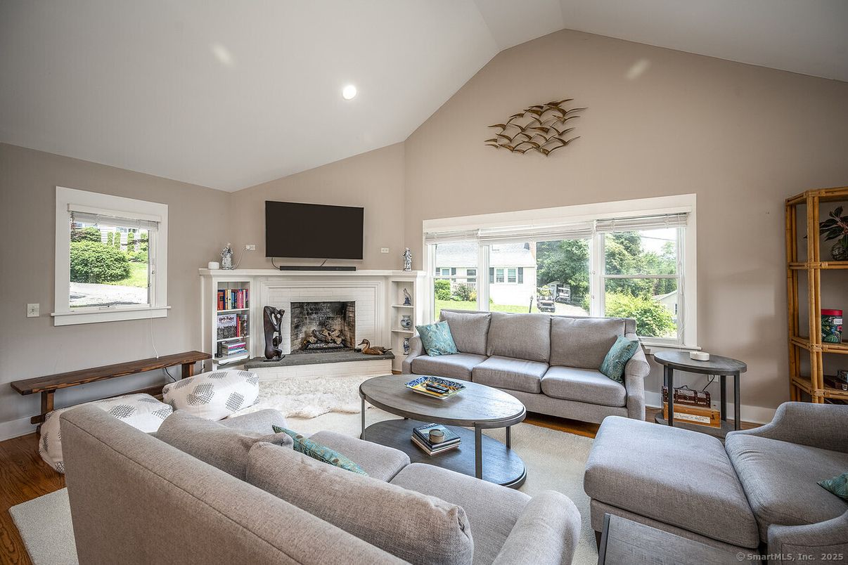 Fireplace, Interior, Living room, Recessed Lighting, Wood Texture Flooring