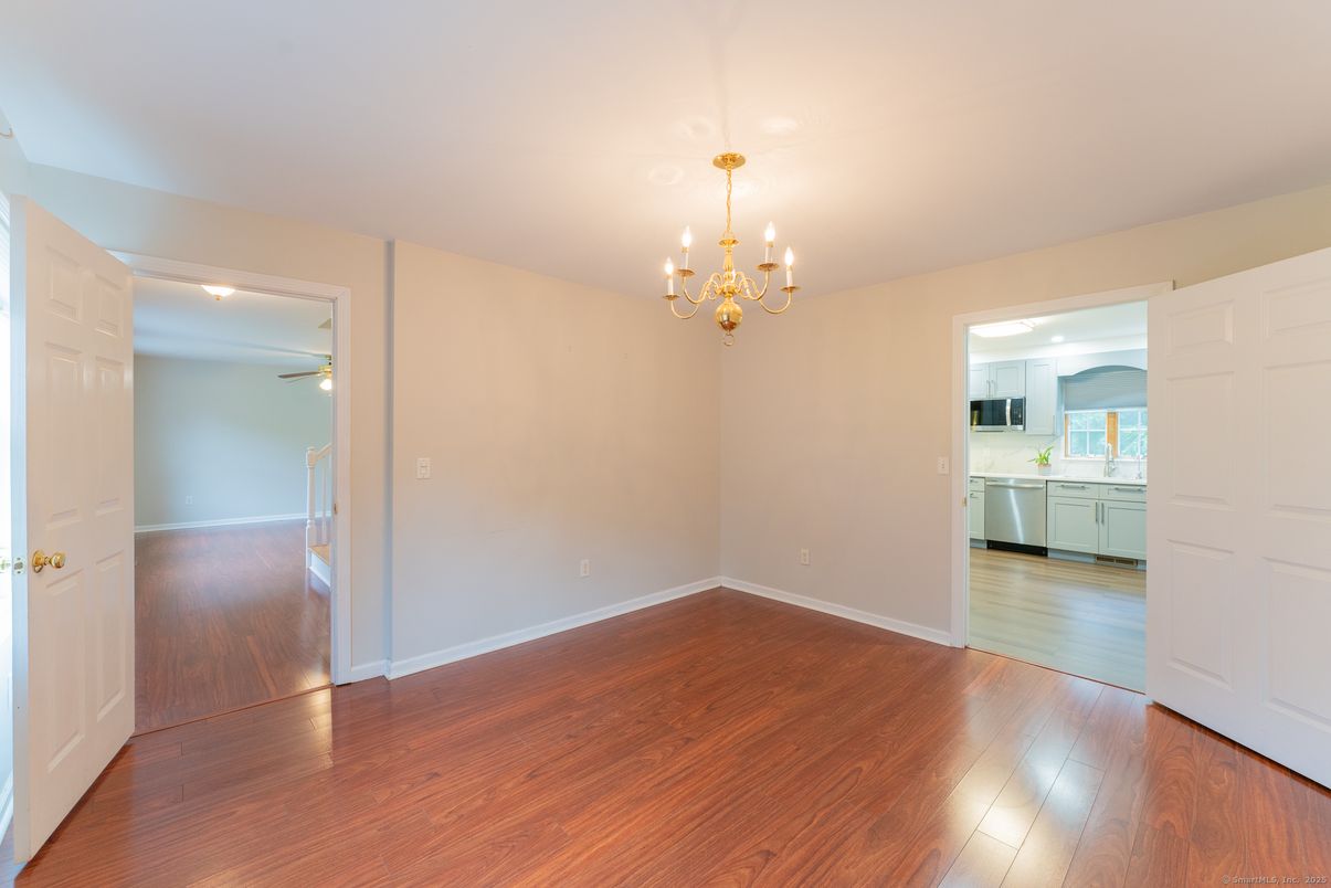 Chandelier, Empty room, Interior, Kitchen, Wood Texture Flooring