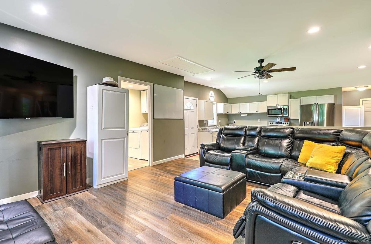 Home Theatre Room, Interior, Kitchen, Living room, Recessed Lighting, Stainless Steel Appliances, Wood Texture Flooring