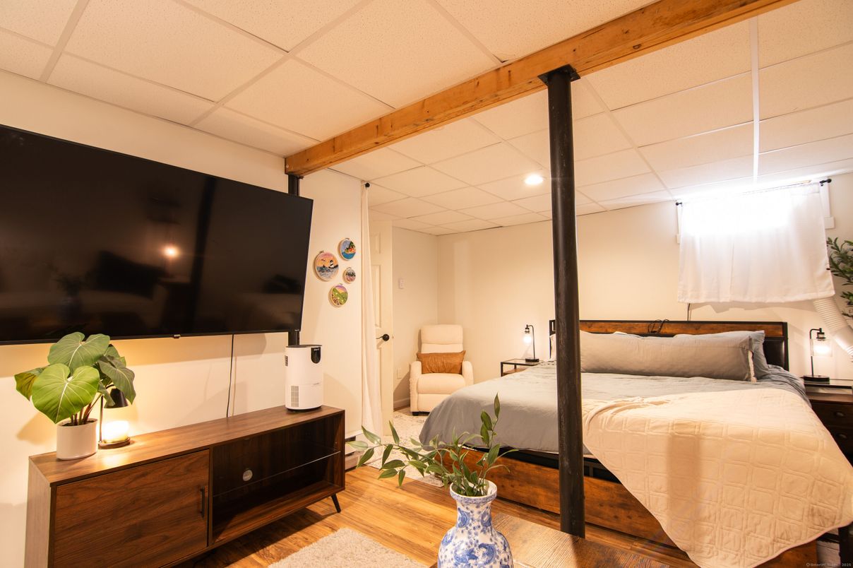 Bedroom, Interior, Recessed Lighting, Wooden Beams, Wood Texture Flooring