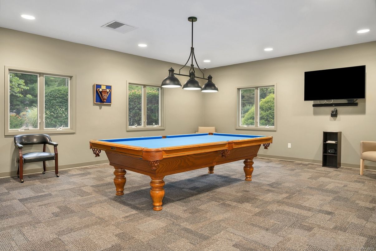 Billiard Table, Chandelier, Game Room, Interior, Recessed Lighting