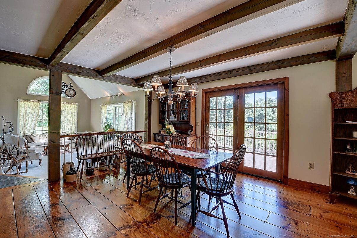 Chandelier, Dining room, Interior, Wooden Beams, Wood Texture Flooring