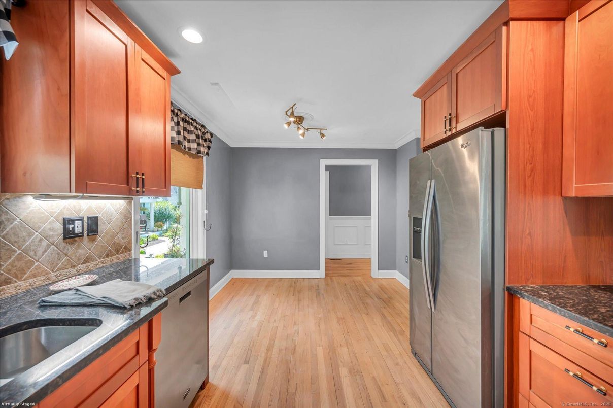 Interior, Kitchen, Recessed Lighting, Stainless Steel Appliances, Wood Texture Flooring