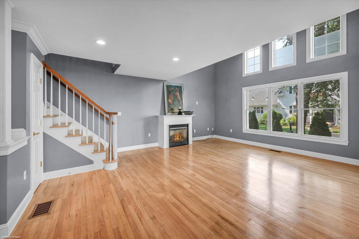 Empty room, Fireplace, Interior, Recessed Lighting, Wood Texture Flooring