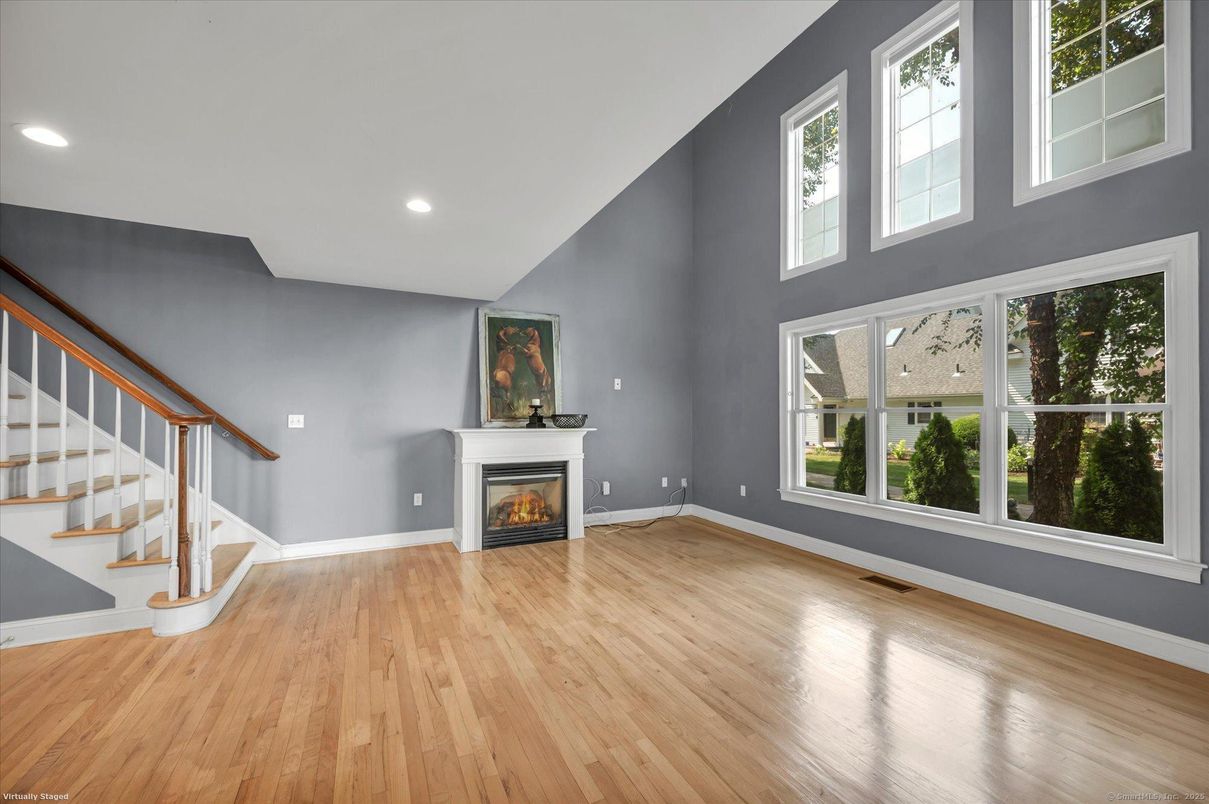 Empty room, Fireplace, Interior, Recessed Lighting, Wood Texture Flooring