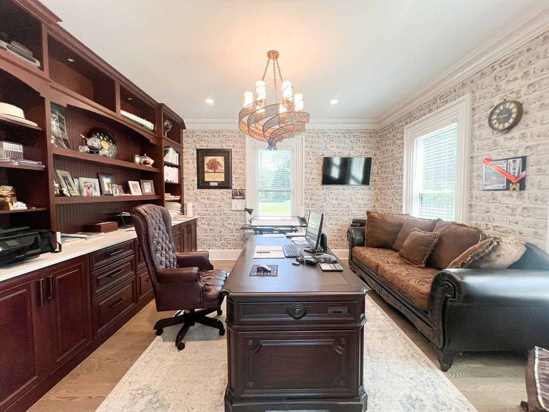 Chandelier, Home Office, Interior, Recessed Lighting, Stone Walls