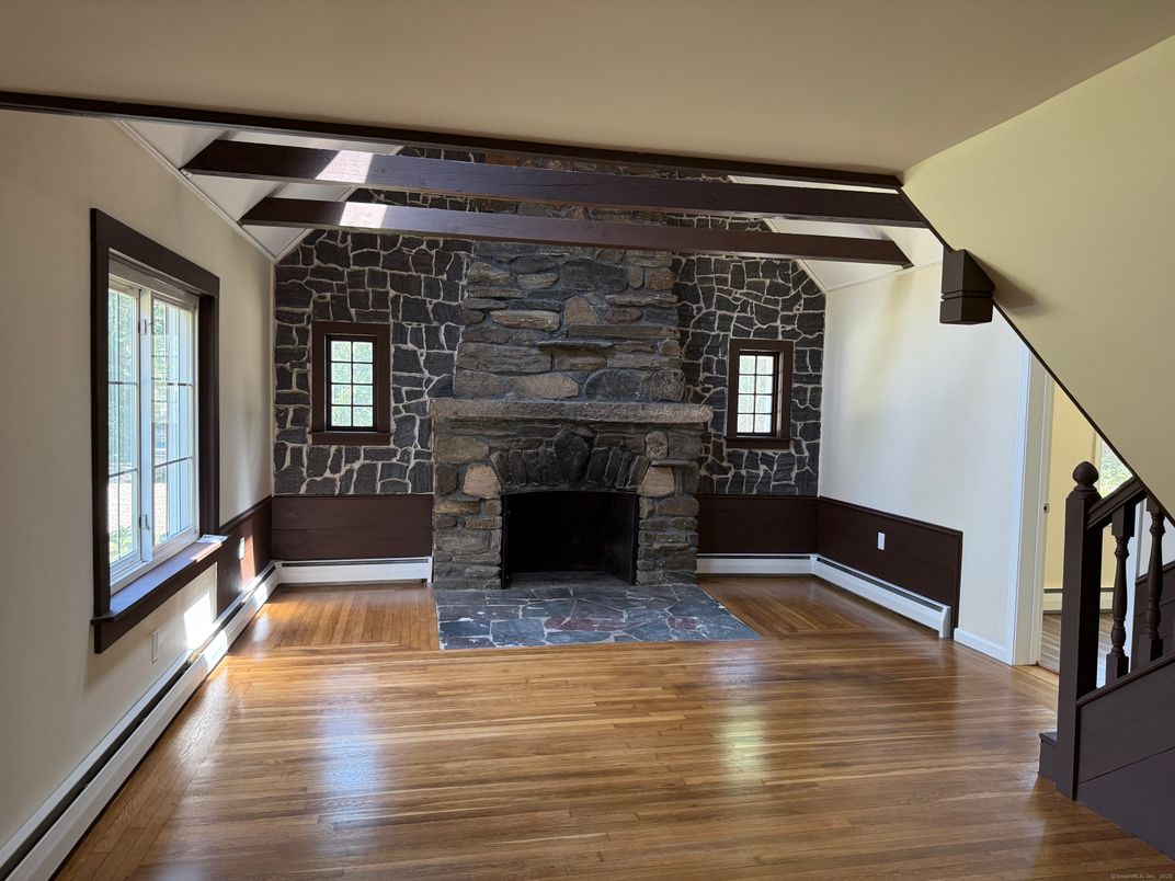 Empty room, Fireplace, Interior, Stone Walls, Wood Texture Flooring