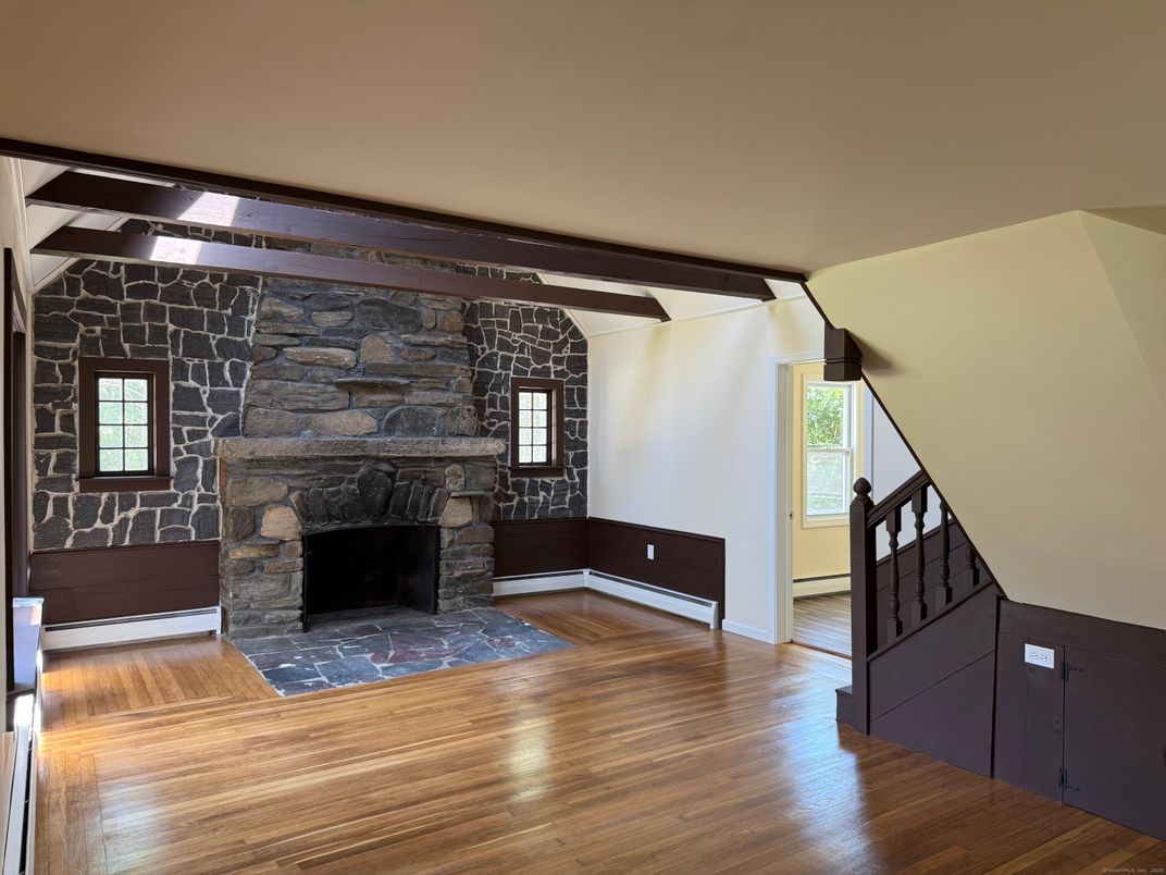 Empty room, Fireplace, Interior, Stone Walls, Wood Texture Flooring