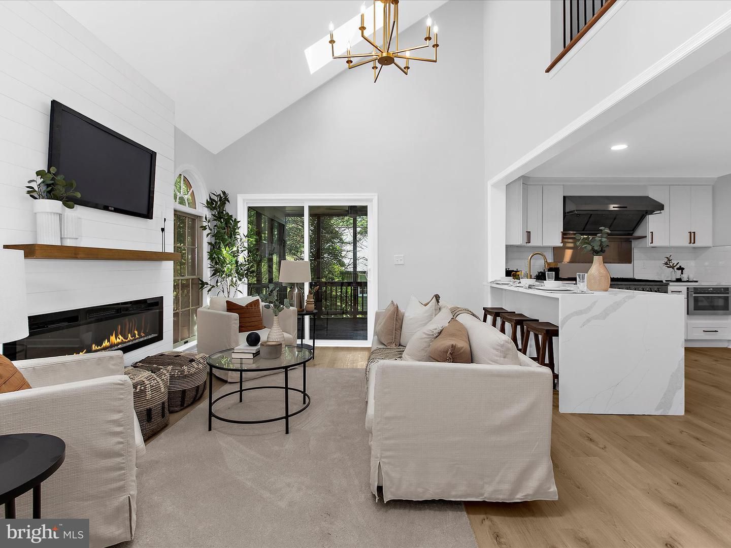 Dining room, Fireplace, Interior, Kitchen, Living room, Pendant Lights, Recessed Lighting, Wood Texture Flooring