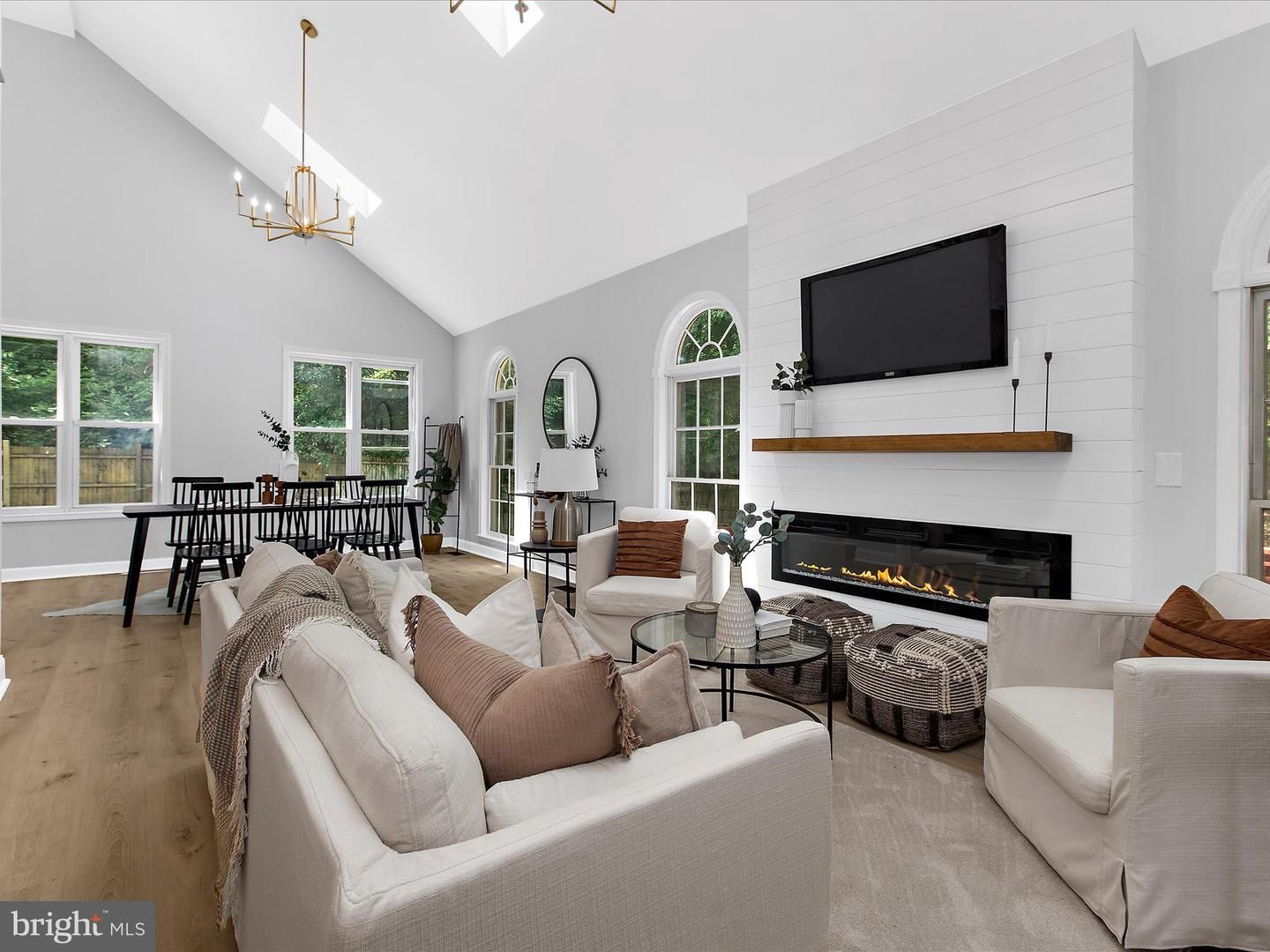 Dining room, Fireplace, Interior, Living room, Pendant Lights, Wood Texture Flooring