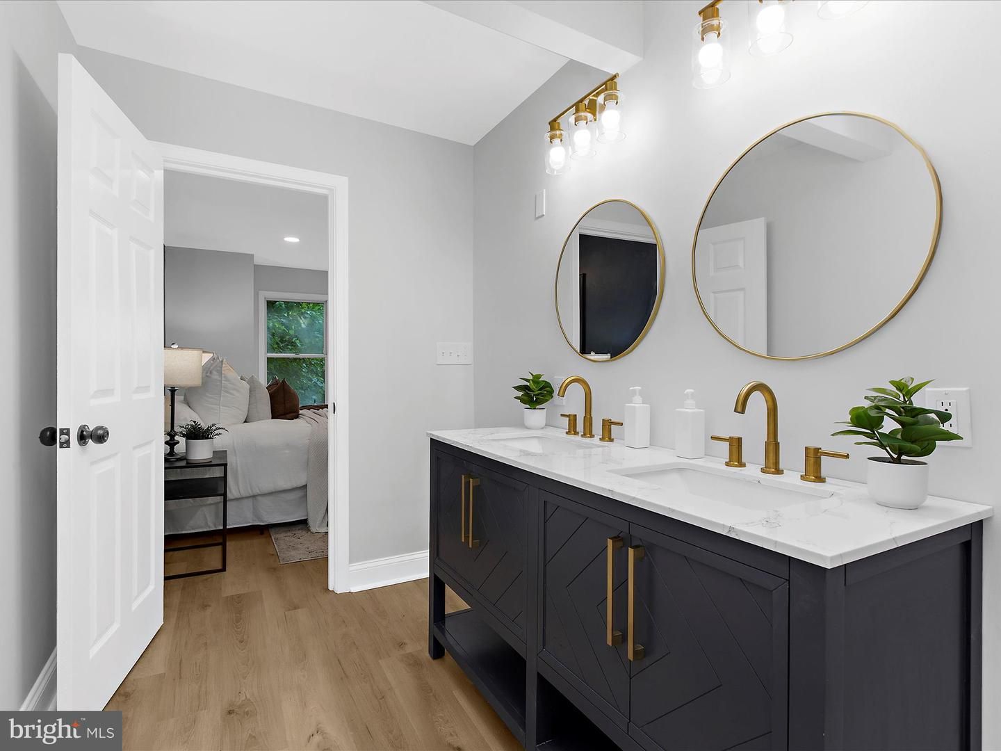 Bathroom, Bedroom, Dual Sink Vanities, Interior, Recessed Lighting, Wood Texture Flooring