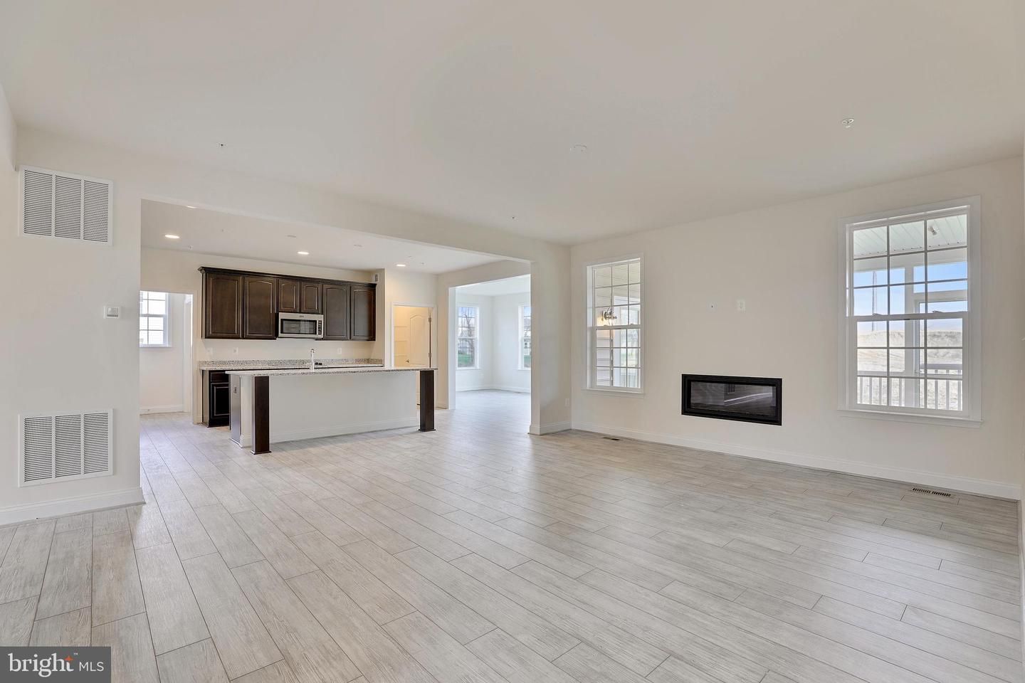 Empty room, Fireplace, Interior, Kitchen, Recessed Lighting, Wood Texture Flooring