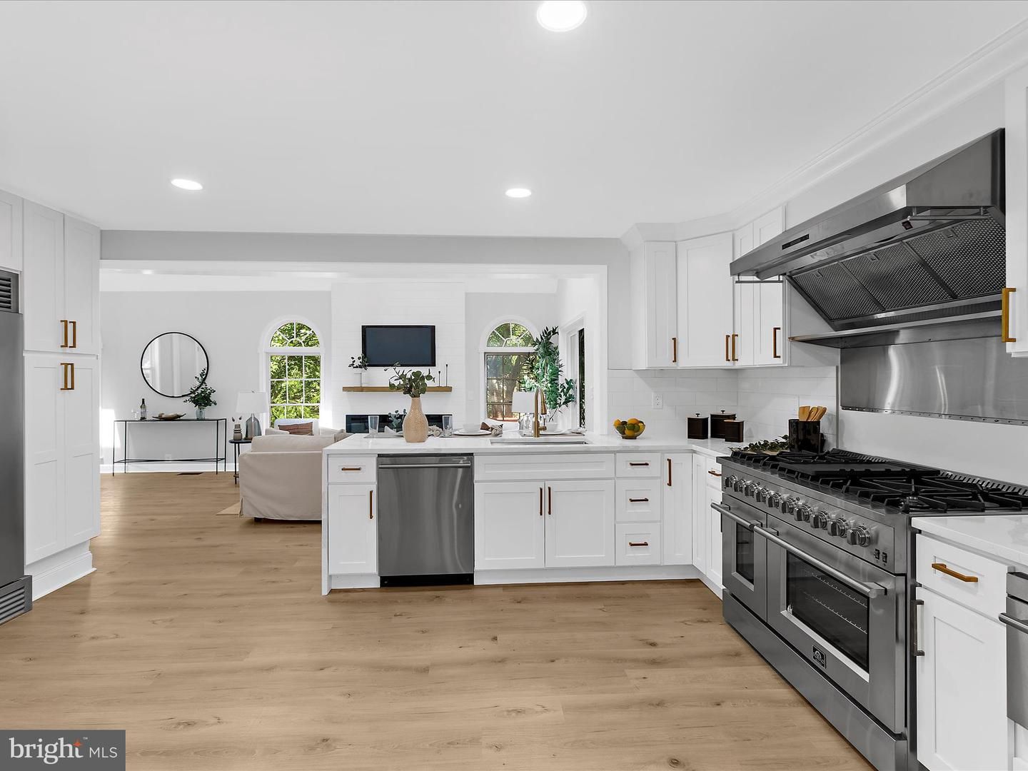 Interior, Kitchen, Living room, Recessed Lighting, Stainless Steel Appliances, Wood Texture Flooring
