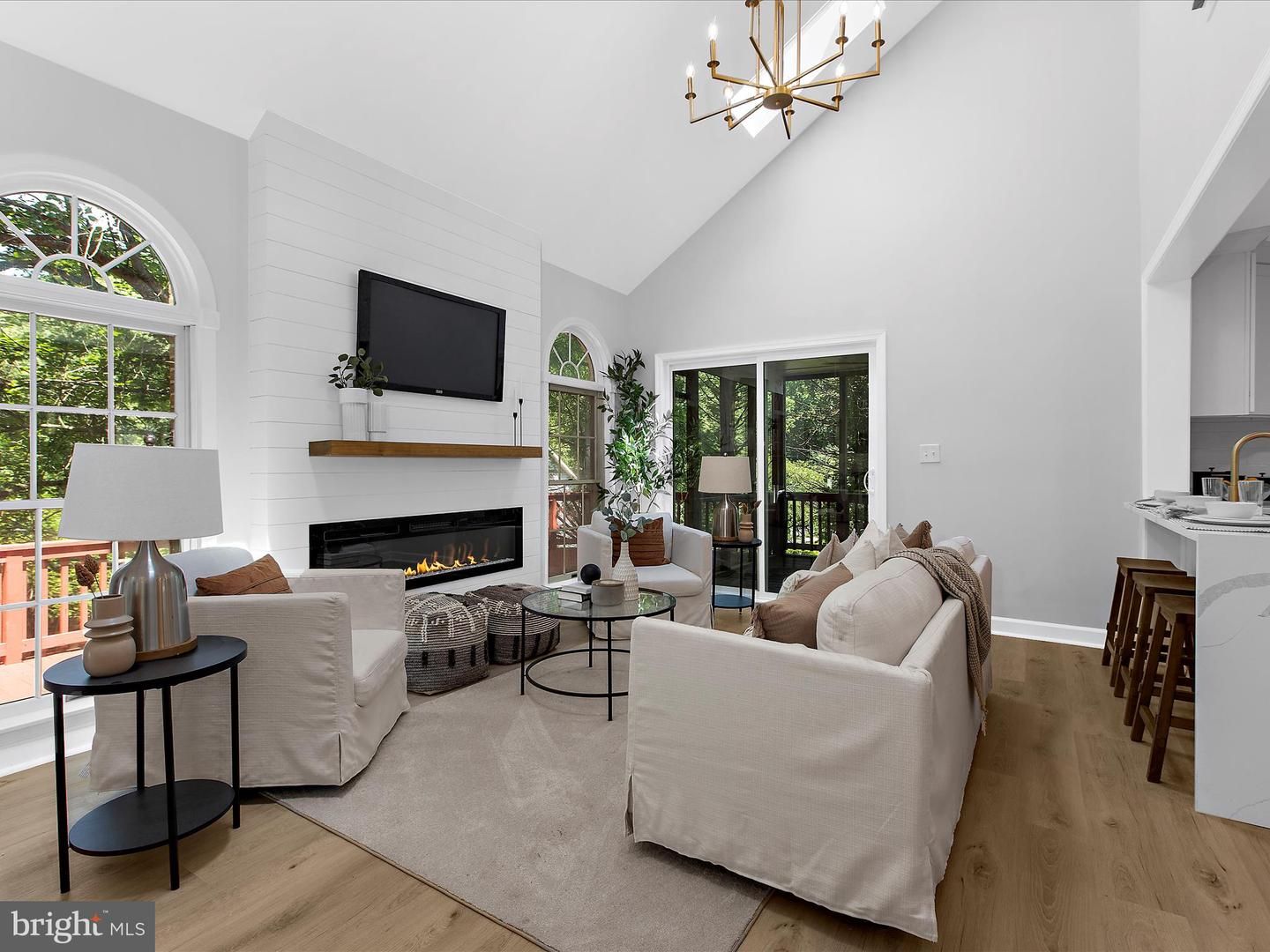 Fireplace, Interior, Living room, Pendant Lights, Wood Texture Flooring