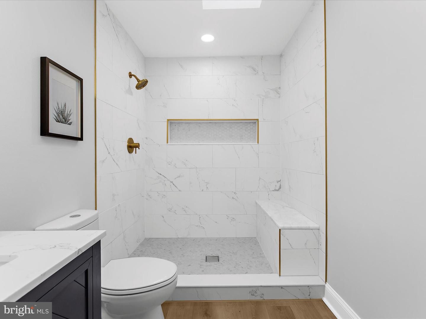 Bathroom, Interior, Marble Walls, Recessed Lighting, Wood Texture Flooring