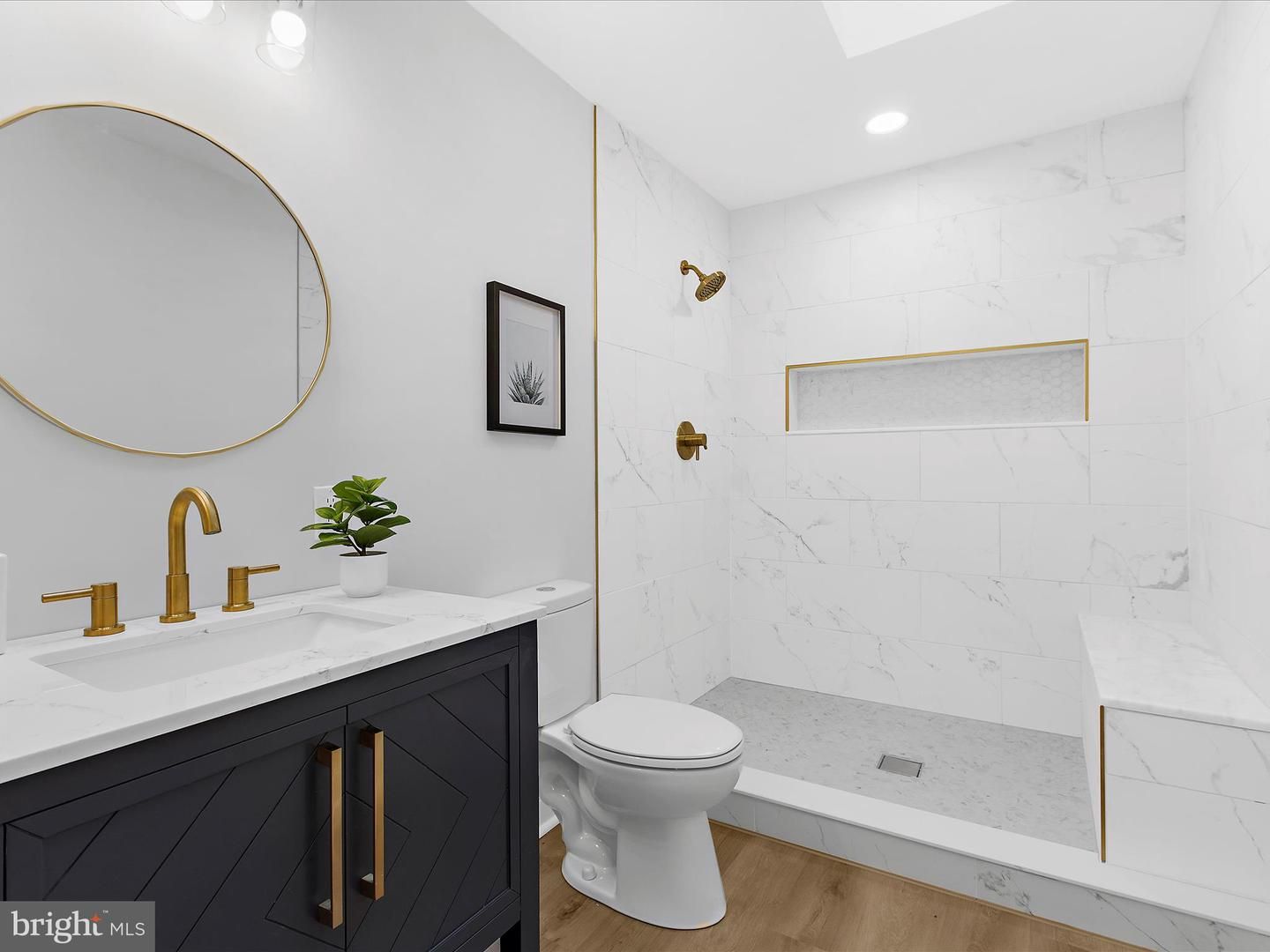 Bathroom, Interior, Marble Walls, Recessed Lighting, Wood Texture Flooring