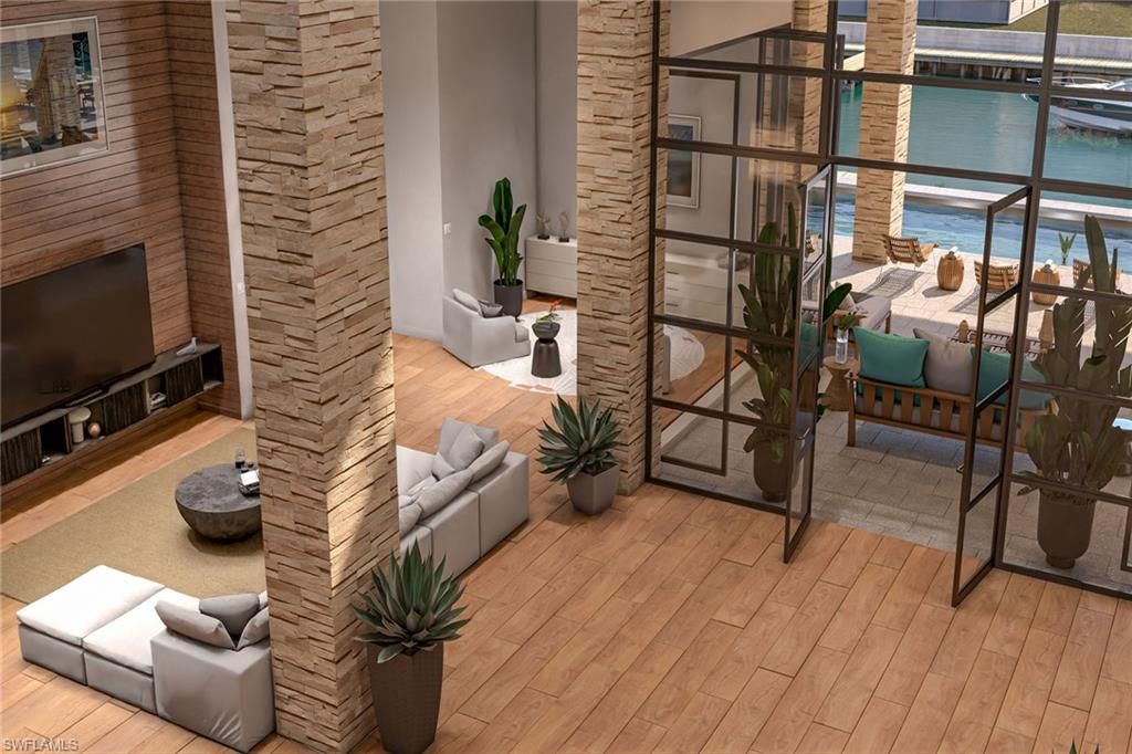 Interior, Living room, Stone Walls, Water, Wood Texture Flooring