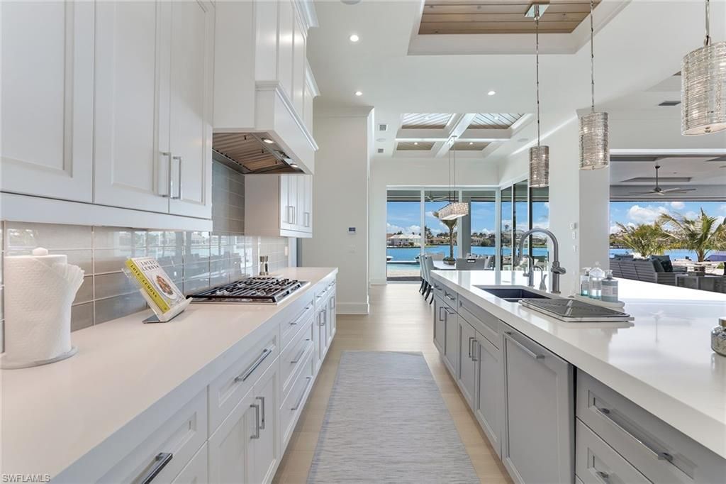 Interior, Kitchen, Pendant Lights, Recessed Lighting, Water, Wooden Ceilings, Wood Texture Flooring