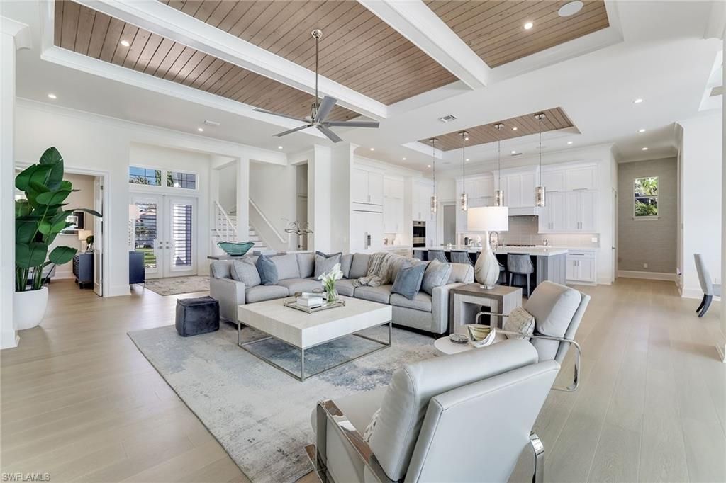 Interior, Kitchen, Living room, Pendant Lights, Recessed Lighting, Stainless Steel Appliances, Wooden Ceilings, Wood Texture Flooring