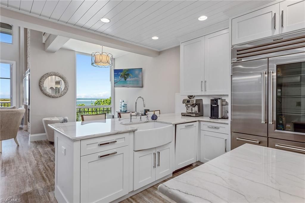 Interior, Kitchen, Pendant Lights, Recessed Lighting, Stainless Steel Appliances, Water, Wood Texture Flooring