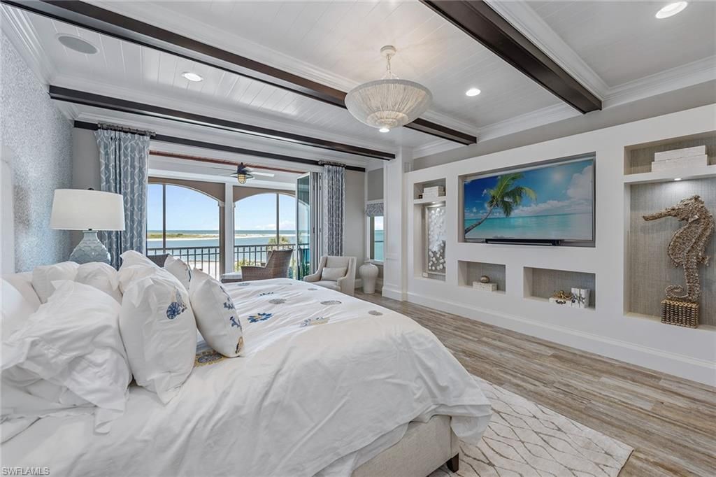 Bedroom, Fireplace, Interior, Pendant Lights, Recessed Lighting, Water, Wooden Beams, Wood Texture Flooring