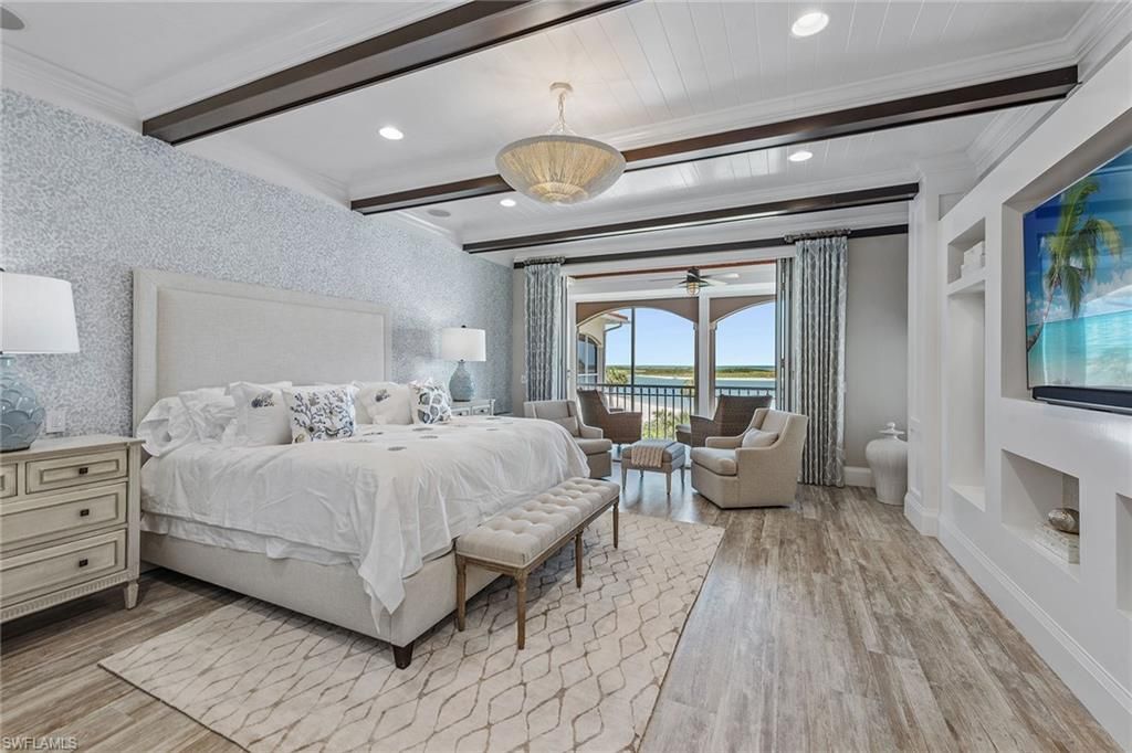 Bedroom, Fireplace, Interior, Pendant Lights, Recessed Lighting, Water, Wooden Beams, Wood Texture Flooring