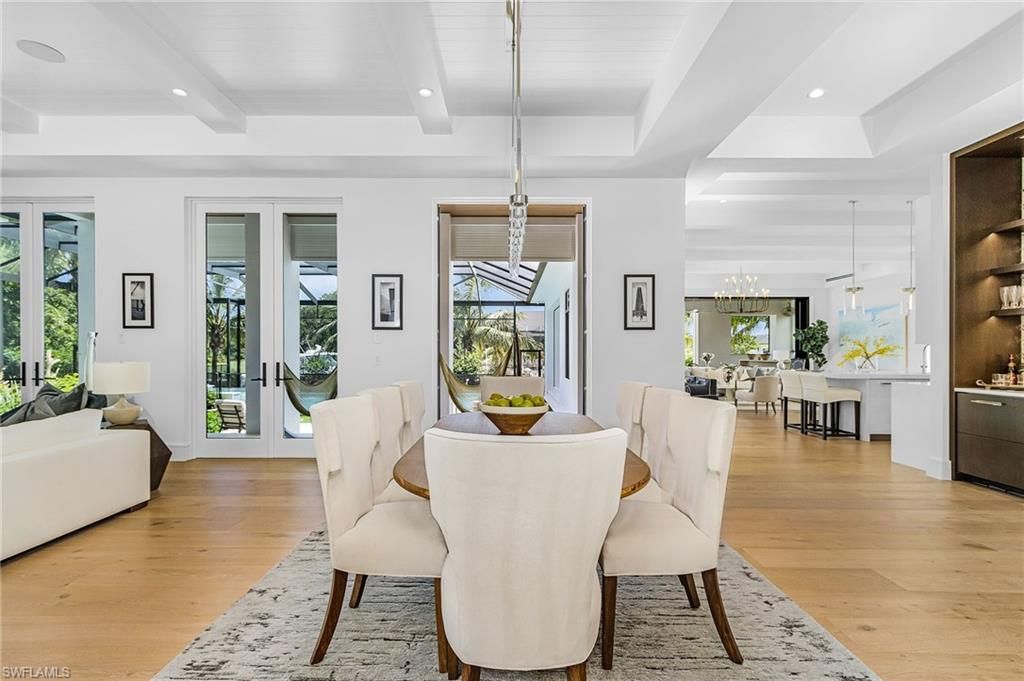 Dining room, Interior, Pendant Lights, Recessed Lighting, Wood Texture Flooring