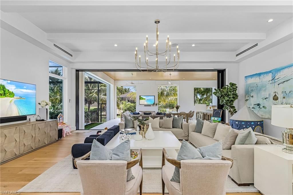 Chandelier, Interior, Living room, Recessed Lighting, Water, Wood Texture Flooring