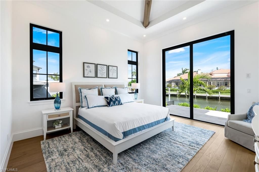 Bedroom, Interior, Recessed Lighting, Water, Wooden Beams, Wood Texture Flooring