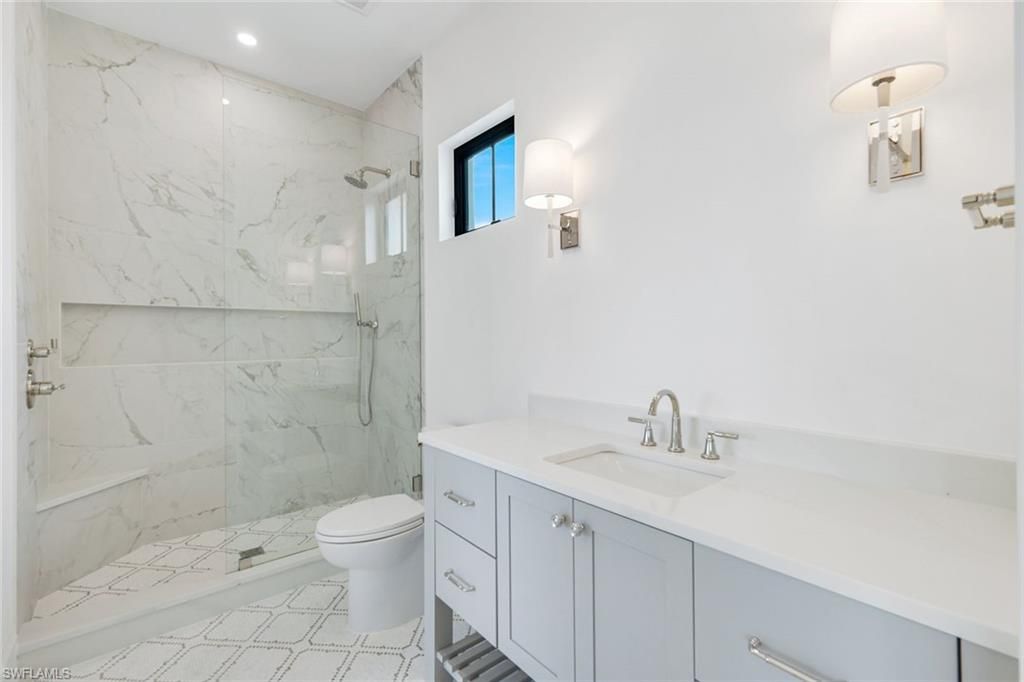 Bathroom, Glass Shower, Interior, Marble Walls, Recessed Lighting