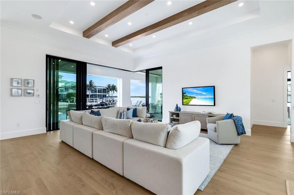 Interior, Living room, Recessed Lighting, Water, Wooden Beams, Wood Texture Flooring