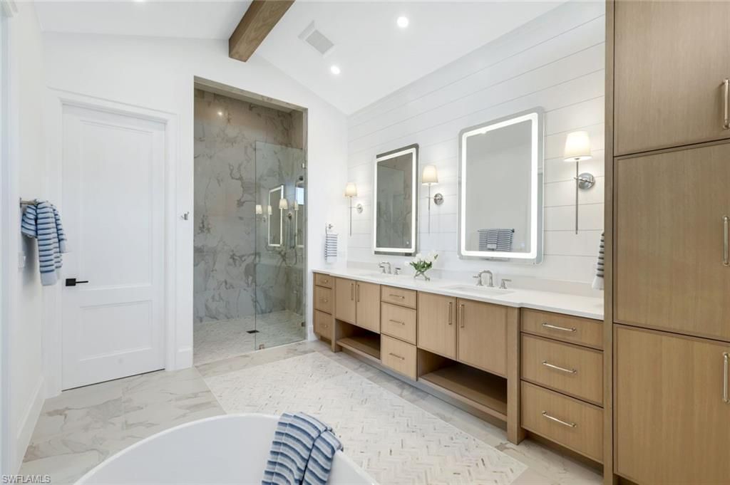 Bathroom, Dual Sink Vanities, Free Standing Baths, Glass Shower, Interior, Marble, Marble Walls, Recessed Lighting, Wooden Beams