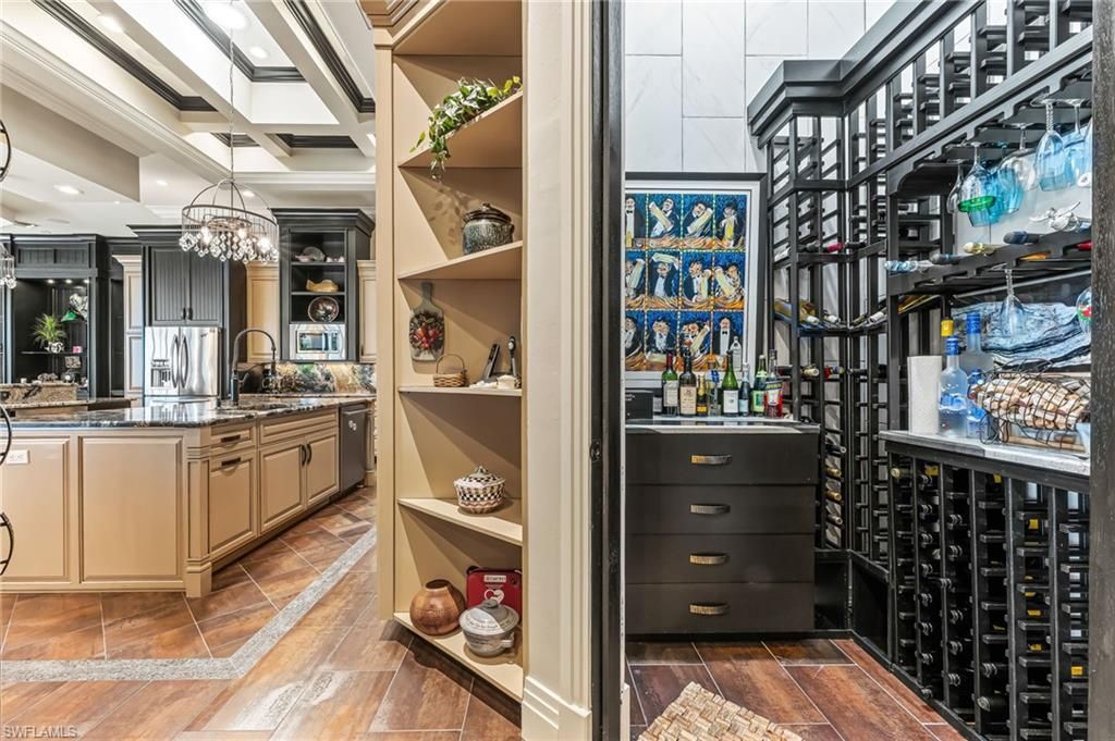 Chandelier, Interior, Kitchen, Pendant Lights, Stainless Steel Appliances, Wine Storage, Wood Texture Flooring