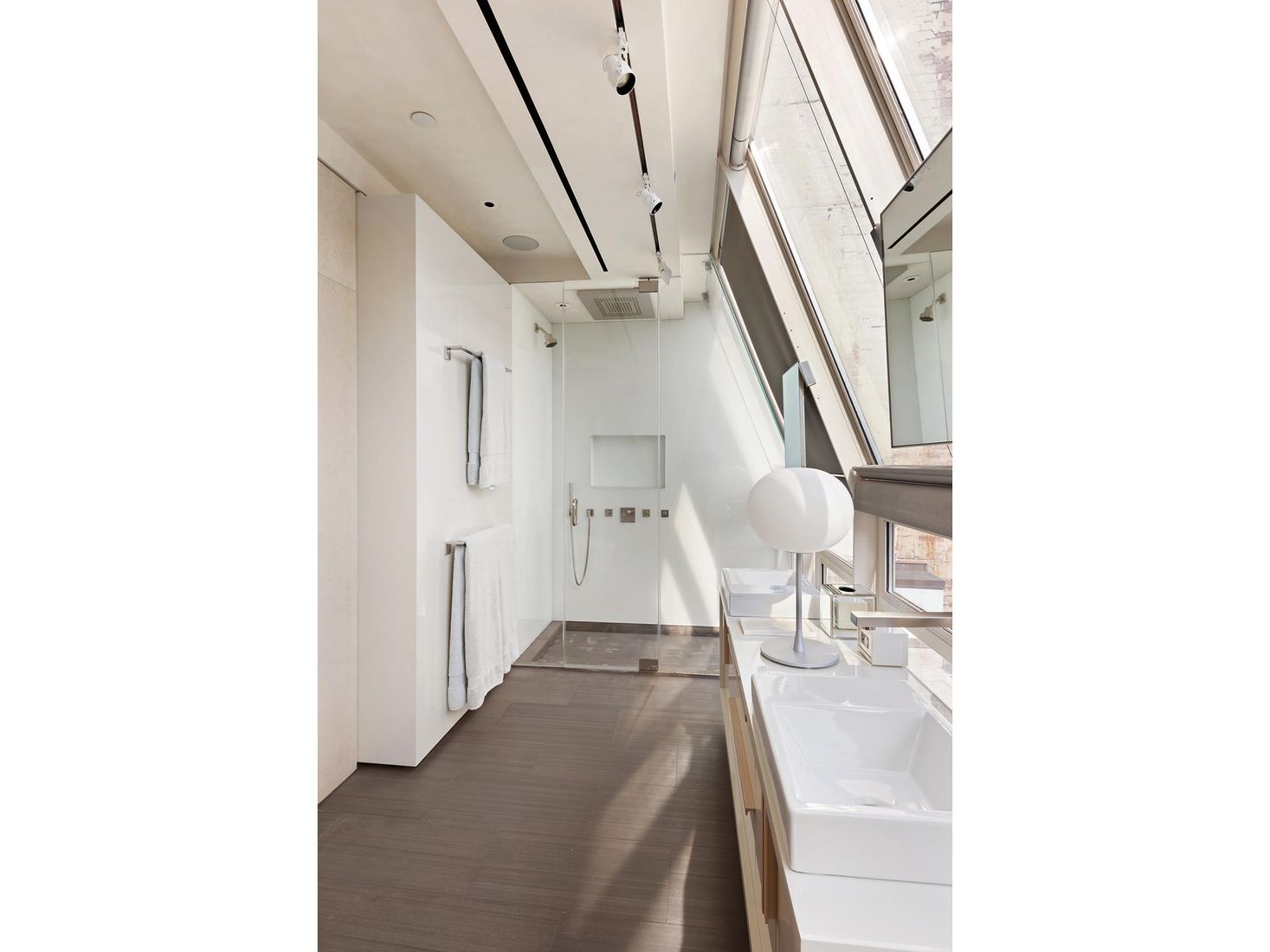 Bathroom, Dual Sink Vanities, Interior, Recessed Lighting, Wood Texture Flooring