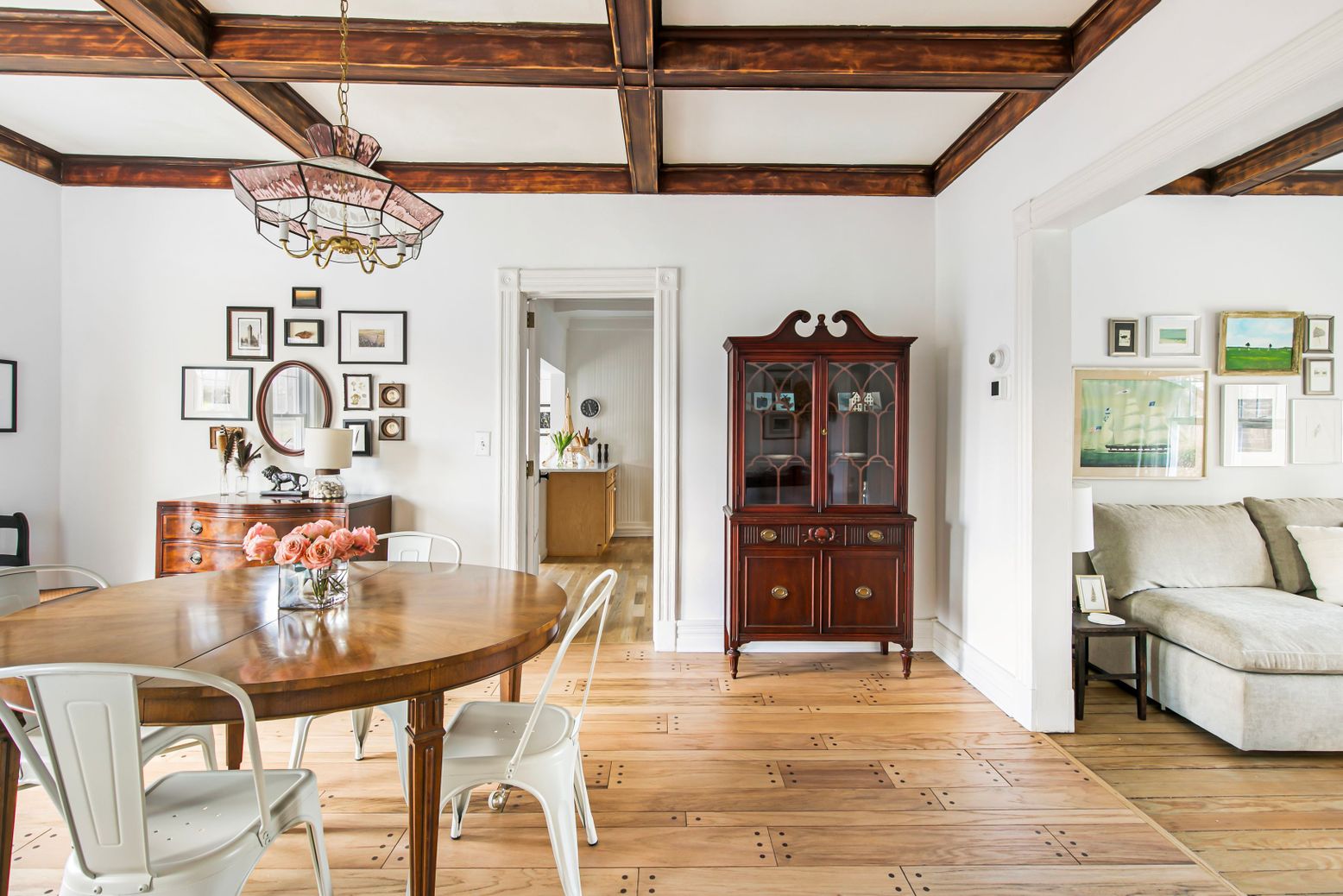 Chandelier, Dining room, Interior, Pendant Lights, Wooden Beams, Wood Texture Flooring