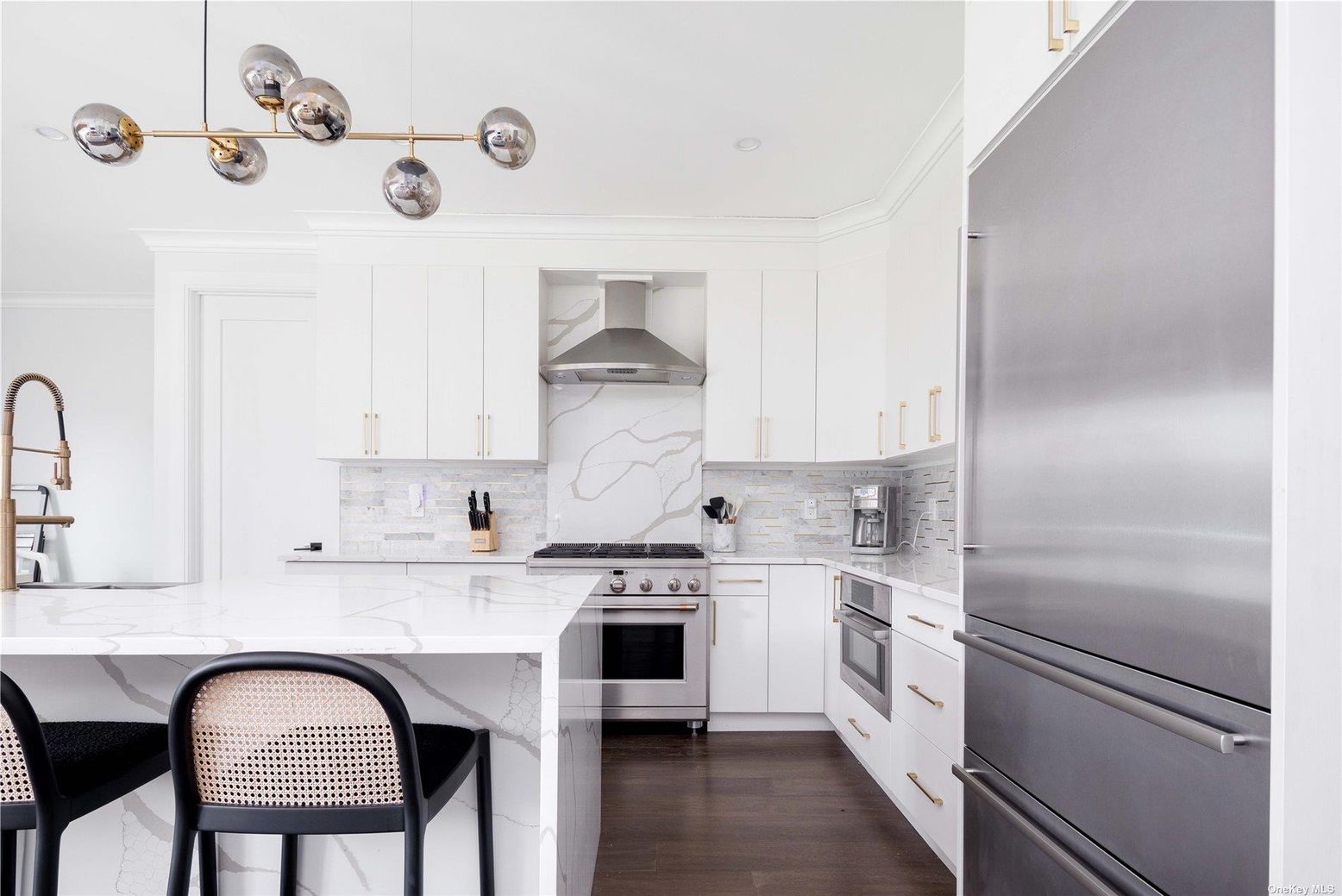 Interior, Kitchen, Marble Walls, Stainless Steel Appliances, Wood Texture Flooring