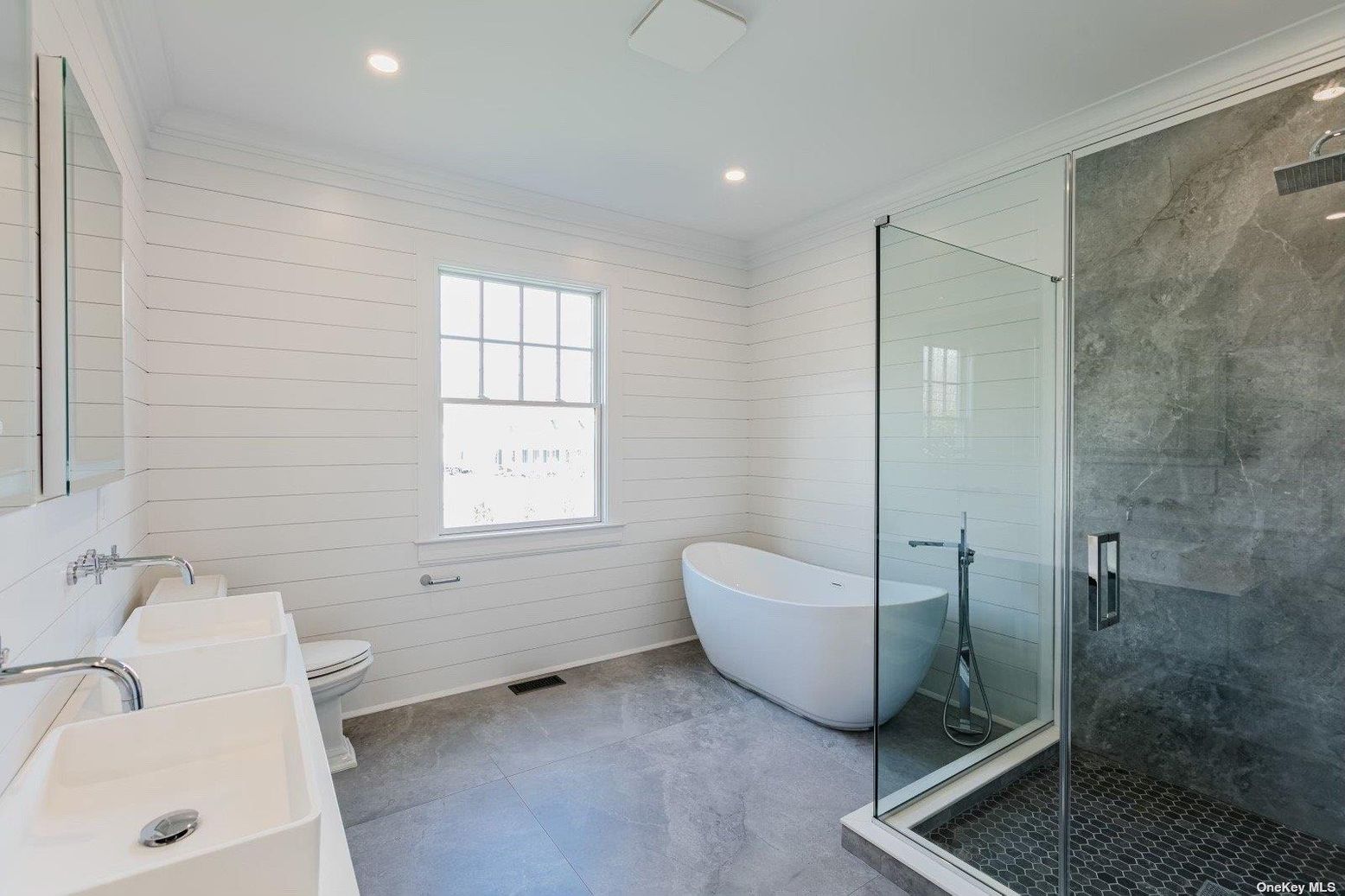 Bathroom, Free Standing Baths, Glass Shower, Interior, Recessed Lighting