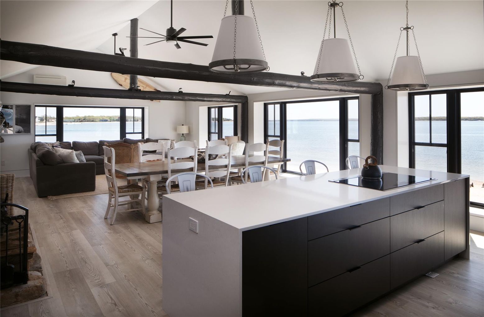 Dining room, Interior, Kitchen, Living room, Pendant Lights, Water, Wood Texture Flooring