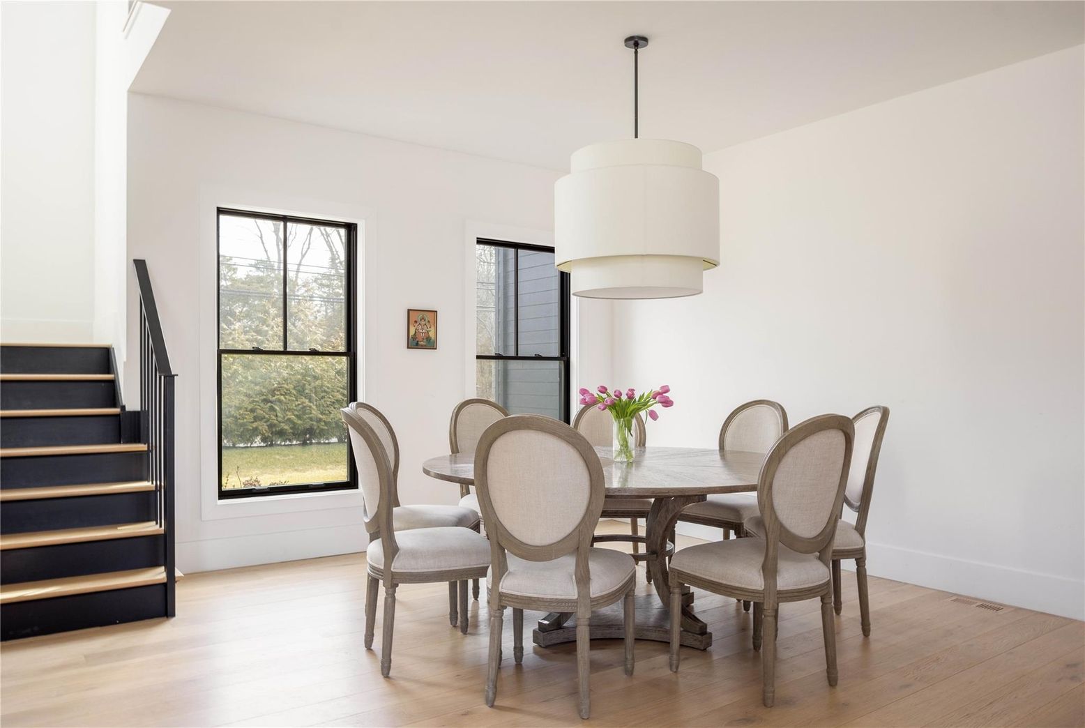 Dining room, Interior, Pendant Lights, Wood Texture Flooring
