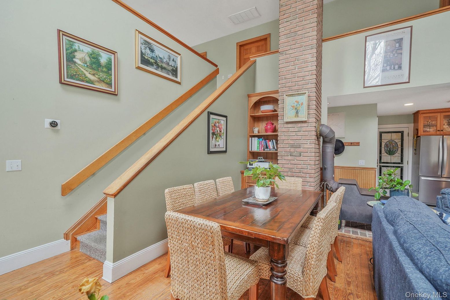 Dining room, Fireplace, Interior, Kitchen, Recessed Lighting, Stone Walls, Wood Texture Flooring