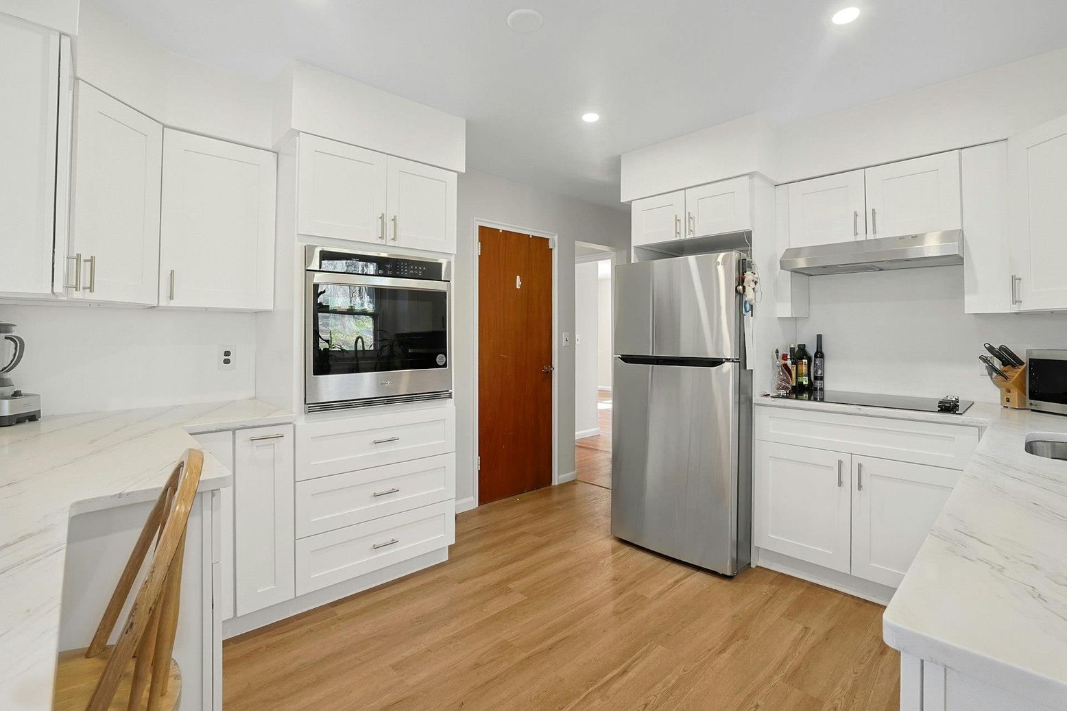 Interior, Kitchen, Recessed Lighting, Stainless Steel Appliances, Wood Texture Flooring