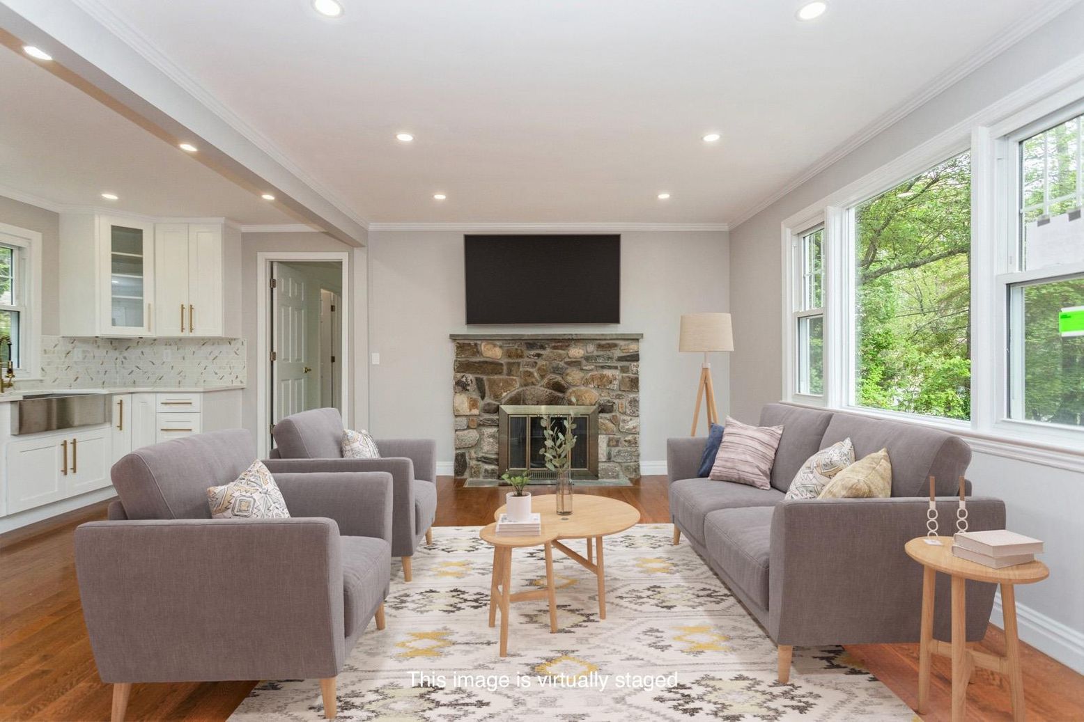 Fireplace, Interior, Living room, Recessed Lighting, Wood Texture Flooring