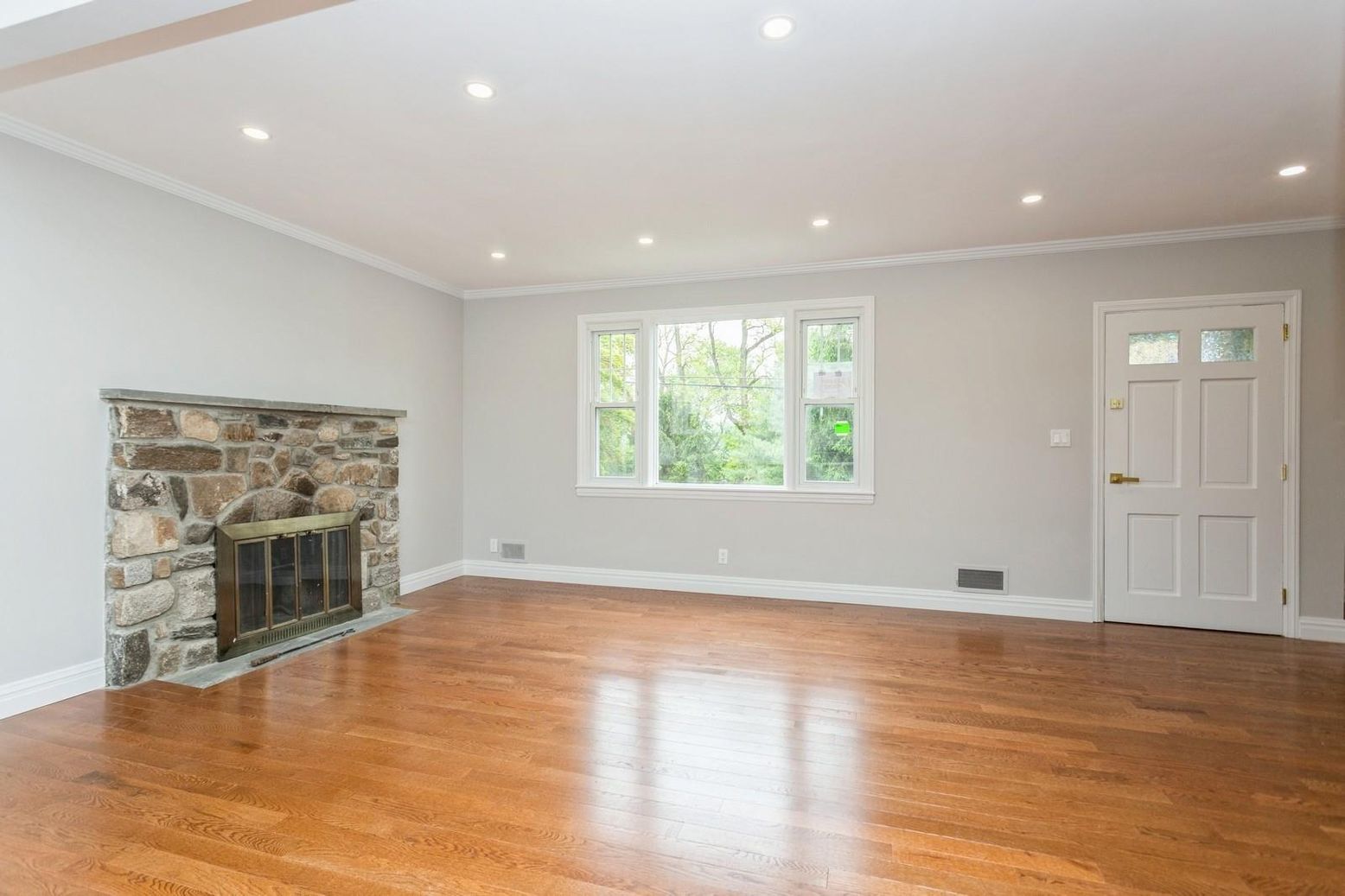 Empty room, Fireplace, Interior, Recessed Lighting, Wood Texture Flooring