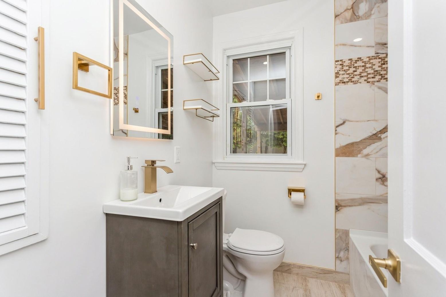 Bathroom, Interior, Marble Walls, Wood Texture Flooring