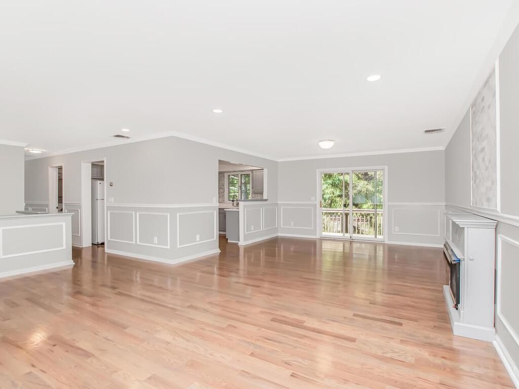 Empty room, Fireplace, Interior, Recessed Lighting, Wood Texture Flooring