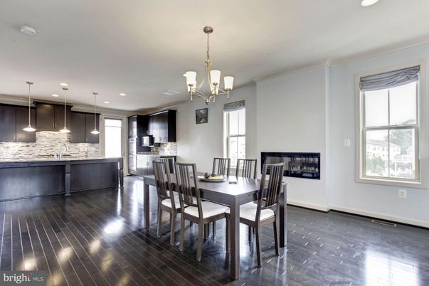 Chandelier, Dining room, Fireplace, Interior, Pendant Lights, Recessed Lighting, Wood Texture Flooring