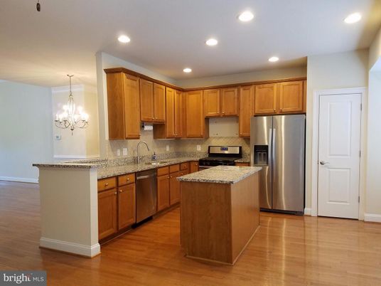 Chandelier, Interior, Kitchen, Recessed Lighting, Stainless Steel Appliances, Wood Texture Flooring