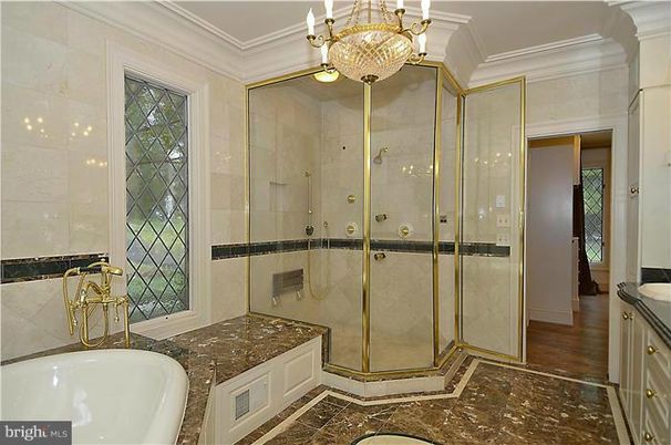 Bathroom, Chandelier, Glass Shower, Interior, Wood Texture Flooring