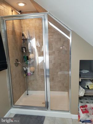 Bathroom, Glass Shower, Interior, Recessed Lighting, Stone Walls